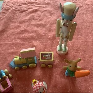 Wooden Pastel Bunny Nutcracker & Toy Train Set - Pastel Pink, Blue, Yellow